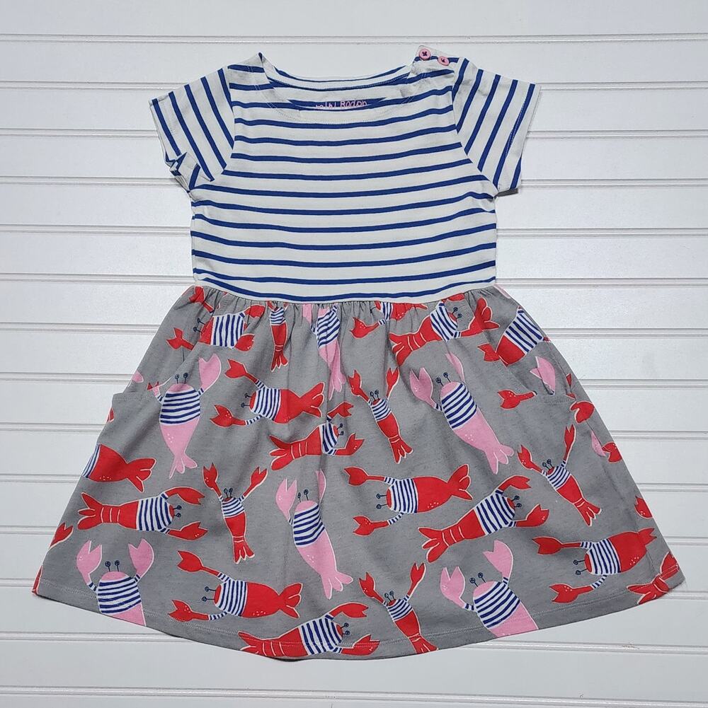 Mini Boden Girls Striped Lobster Print Dress Size 4-5Y Blue White Gray Red Pink